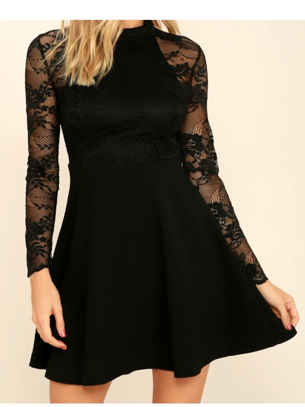 Lush Black Lace Sleeve Fit & Flare Mini Dress S